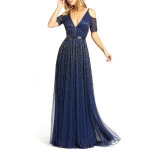 Mac Duggal Navy Beaded Cold Shoulder Chiffon A-Line Gown
